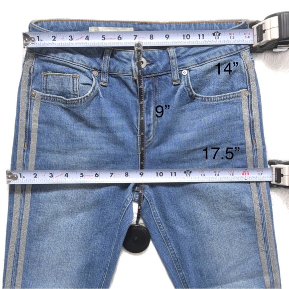 Anthropologie Shimmer Metallic Silver Racer Side Stripe Fringe Hem Cropped Jeans - Picture 13 of 15